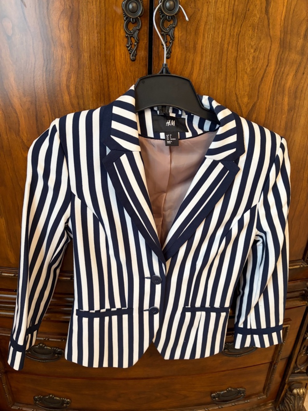 H&M Navy and White Striped Women's Blazer - Tailored Notch Lapel